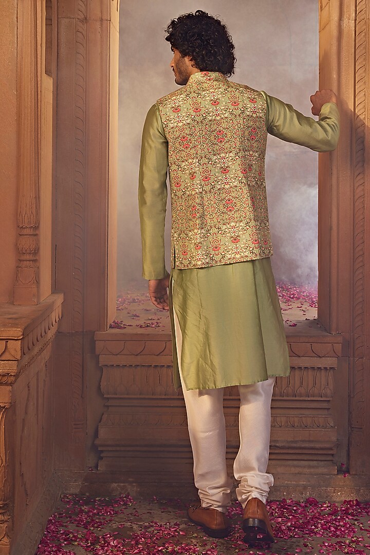 Olive Green Raw Silk Floral Printed Bundi Jacket Set by Kalista Men at Pernia's Pop Up Shop