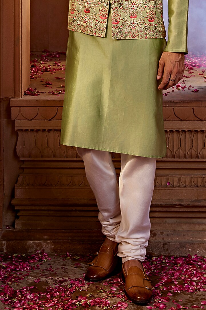 Olive Green Raw Silk Floral Printed Bundi Jacket Set by Kalista Men at Pernia's Pop Up Shop