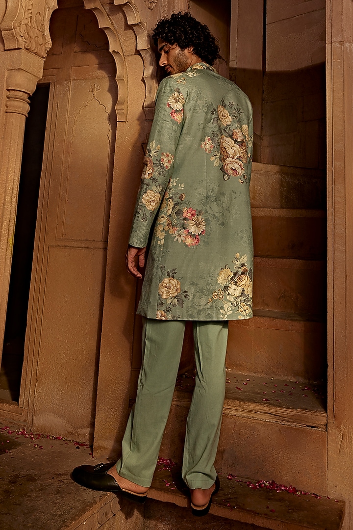 Mint Blue Raw Silk Embroidered Floral Wedding Indowestern Set by Kalista Men at Pernia's Pop Up Shop