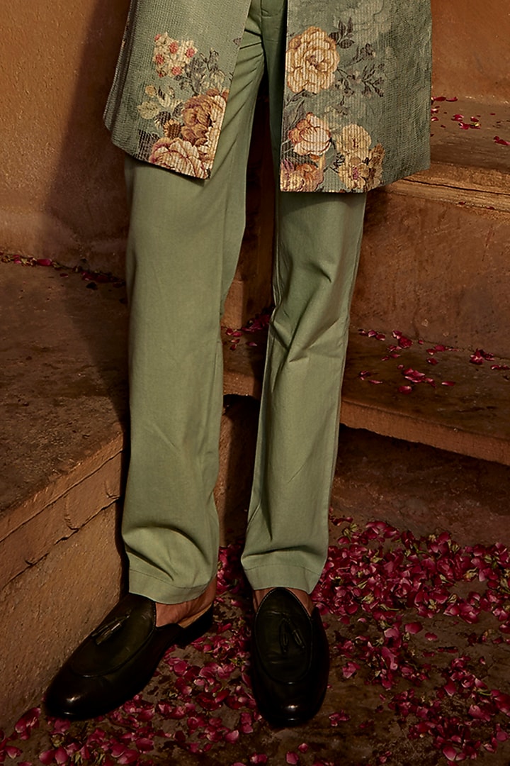 Mint Blue Raw Silk Embroidered Floral Wedding Indowestern Set by Kalista Men at Pernia's Pop Up Shop