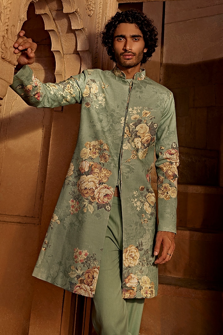 Mint Blue Raw Silk Embroidered Floral Wedding Indowestern Set by Kalista Men at Pernia's Pop Up Shop