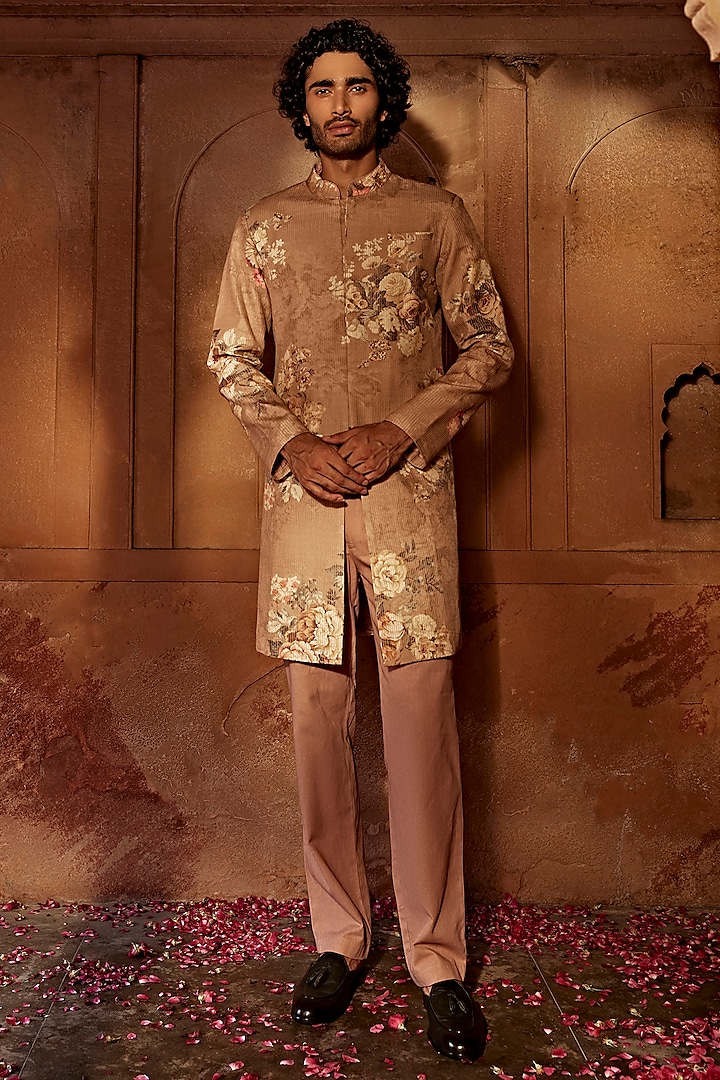 Sand Raw Silk Floral Indo-Western Set by Kalista Men