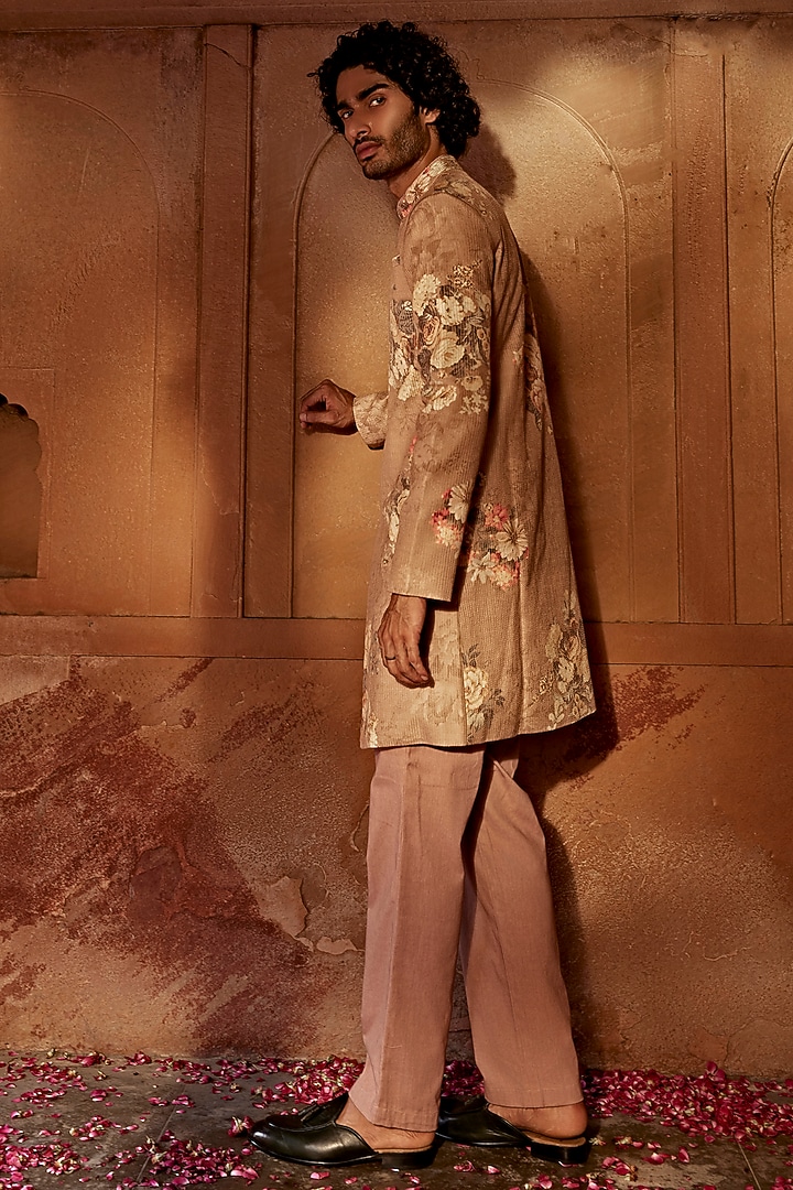 Sand Raw Silk Embroidered Floral Wedding Indowestern Set by Kalista Men at Pernia's Pop Up Shop