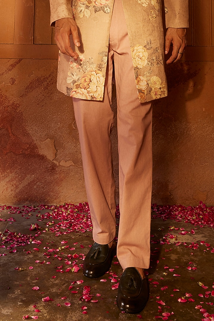 Sand Raw Silk Embroidered Floral Wedding Indowestern Set by Kalista Men at Pernia's Pop Up Shop