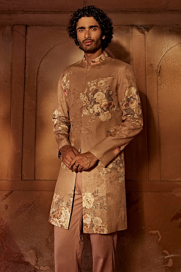 Sand Raw Silk Embroidered Floral Wedding Indowestern Set by Kalista Men at Pernia's Pop Up Shop