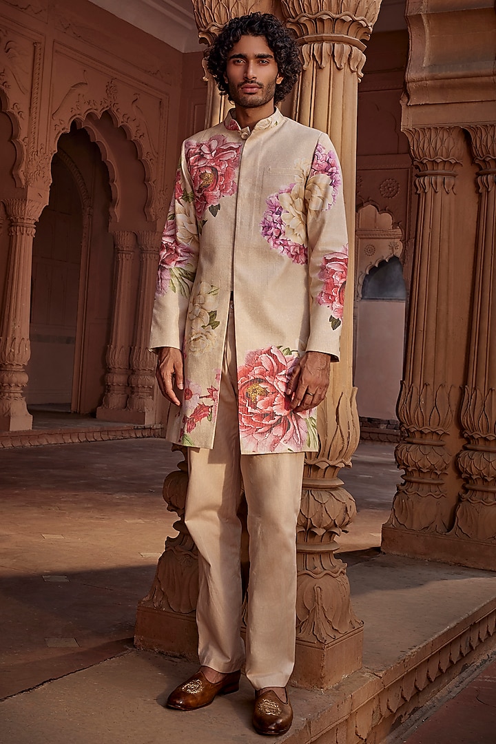 Beige Raw Silk Floral Indo-Western Set by Kalista Men