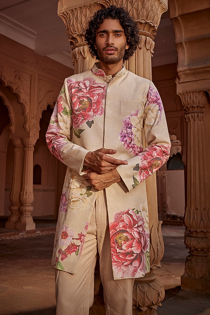 Beige Raw Silk Embroidered Wedding Indowestern Set by Kalista Men at Pernia's Pop Up Shop
