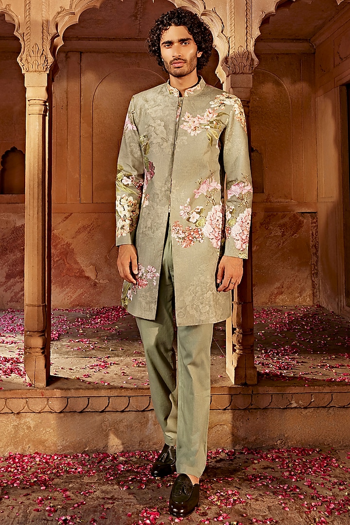 Mint Green Raw Silk Floral Indo-Western Set by Kalista Men