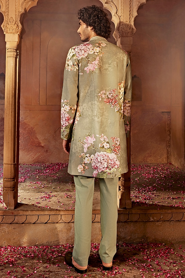 Mint Green Raw Silk Floral Thread Embroidered Wedding Indowestern Set by Kalista Men at Pernia's Pop Up Shop