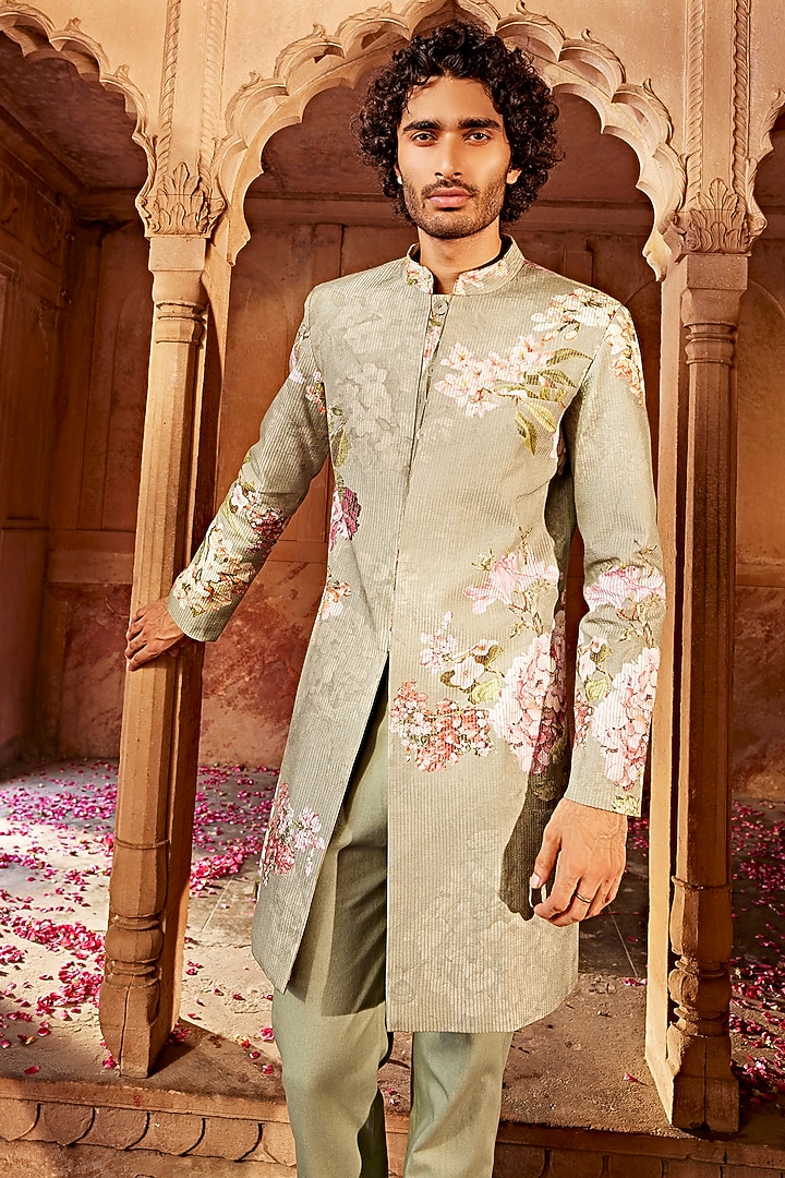 Mint Green Raw Silk Floral Thread Embroidered Wedding Indowestern Set by Kalista Men at Pernia's Pop Up Shop