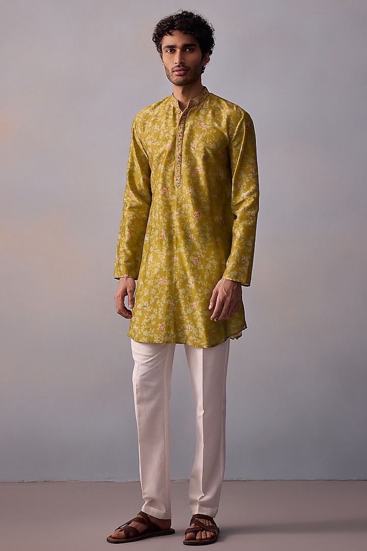 Olive Chanderi Embroidered Kurta Set by Kalista Men