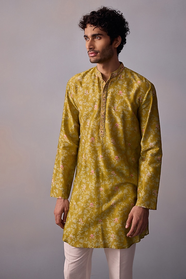 Olive Chanderi Embroidered Kurta Set by Kalista Men at Pernia's Pop Up Shop