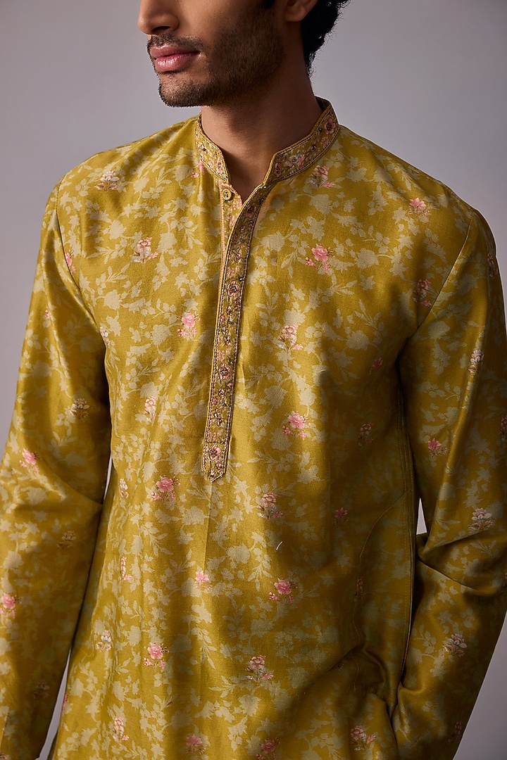 Olive Chanderi Embroidered Kurta Set by Kalista Men at Pernia's Pop Up Shop