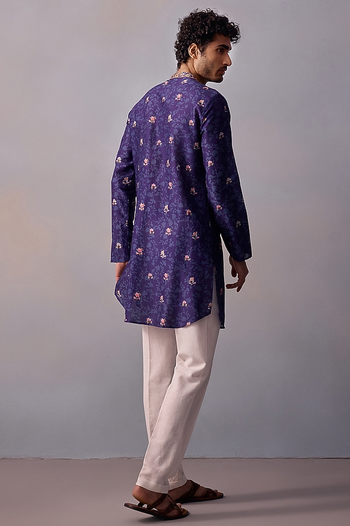 Midnight Blue Chanderi Embroidered Kurta Set by Kalista Men at Pernia's Pop Up Shop
