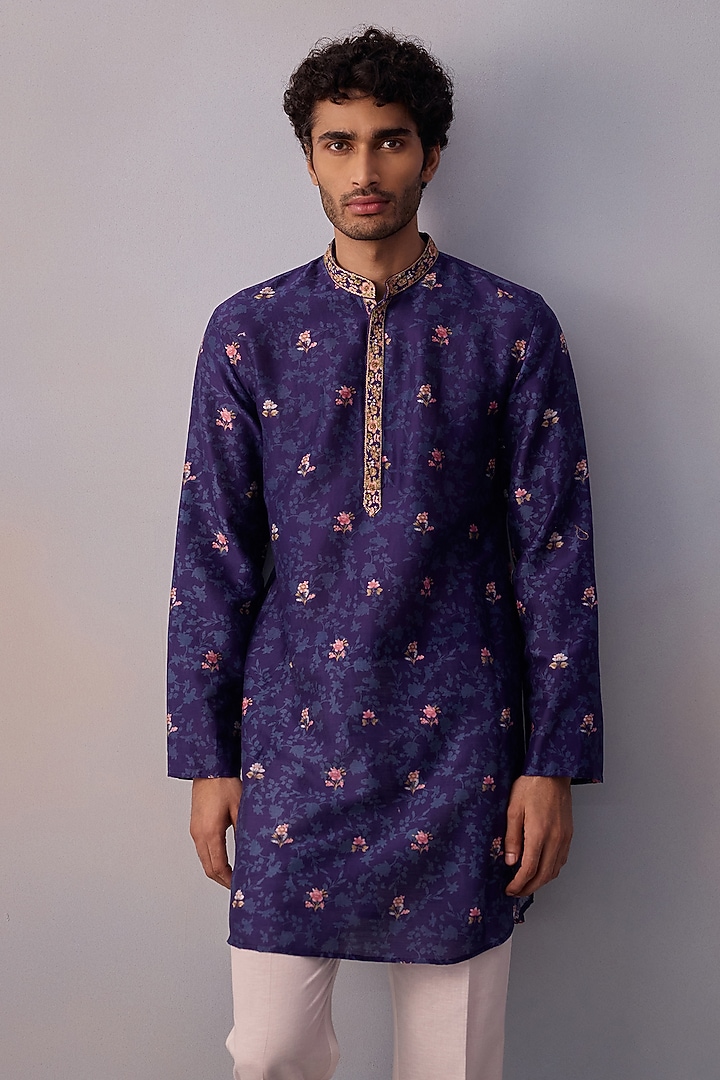 Midnight Blue Chanderi Embroidered Kurta Set by Kalista Men at Pernia's Pop Up Shop