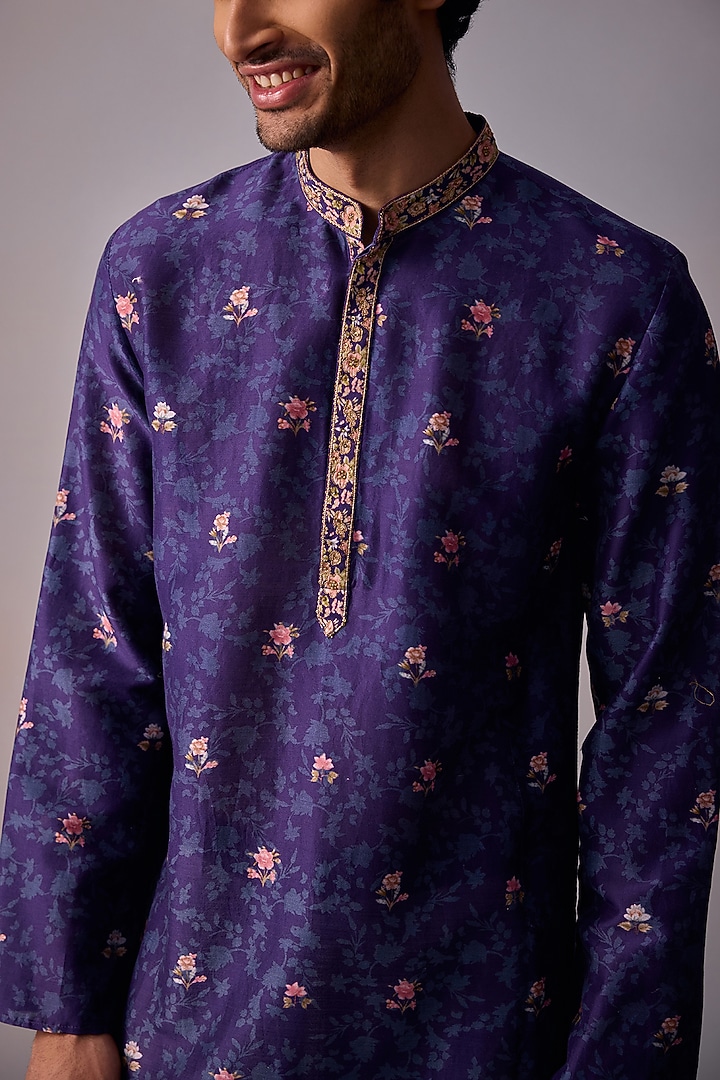 Midnight Blue Chanderi Embroidered Kurta Set by Kalista Men at Pernia's Pop Up Shop