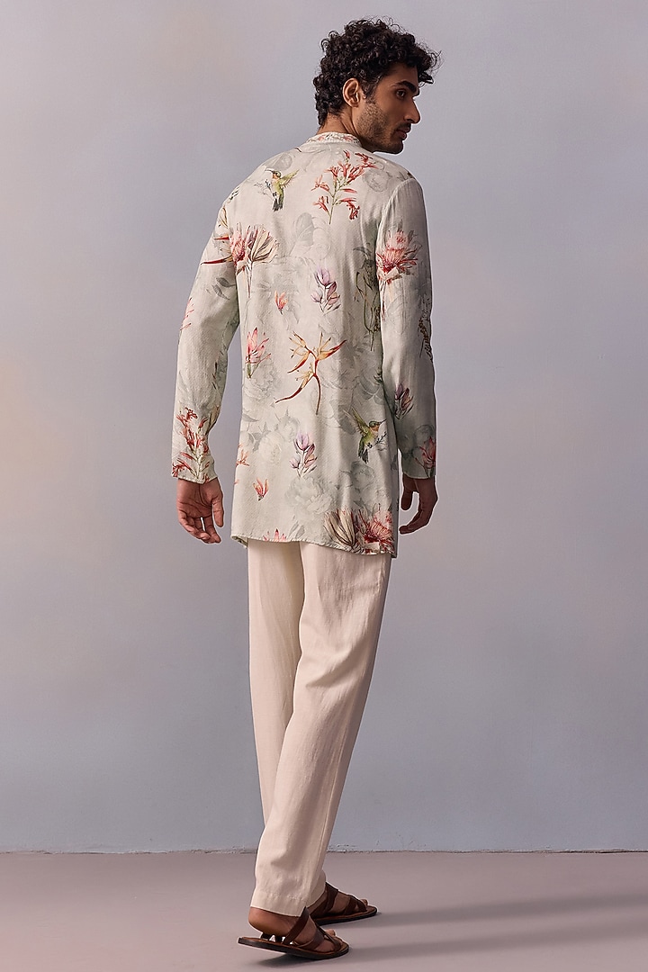 Slate Grey Viscose Moss Printed & Thread Work Kurta Set by Kalista Men at Pernia's Pop Up Shop