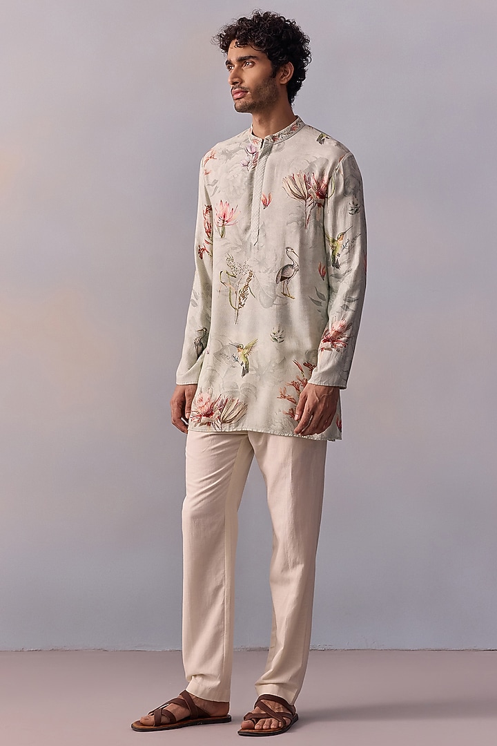 Slate Grey Viscose Moss Printed & Thread Work Kurta Set by Kalista Men at Pernia's Pop Up Shop