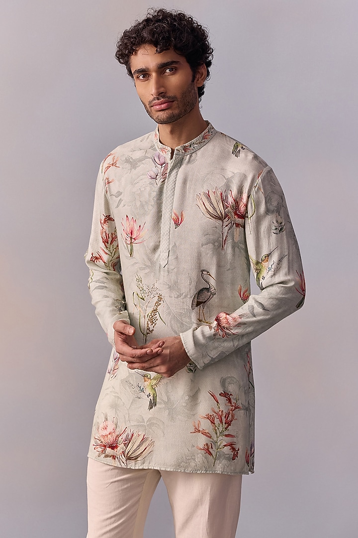 Slate Grey Viscose Moss Printed & Thread Work Kurta Set by Kalista Men at Pernia's Pop Up Shop