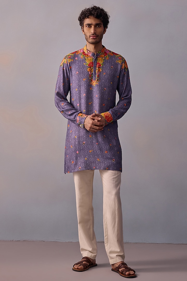 Purple Viscose Moss Kurta Set by Kalista Men