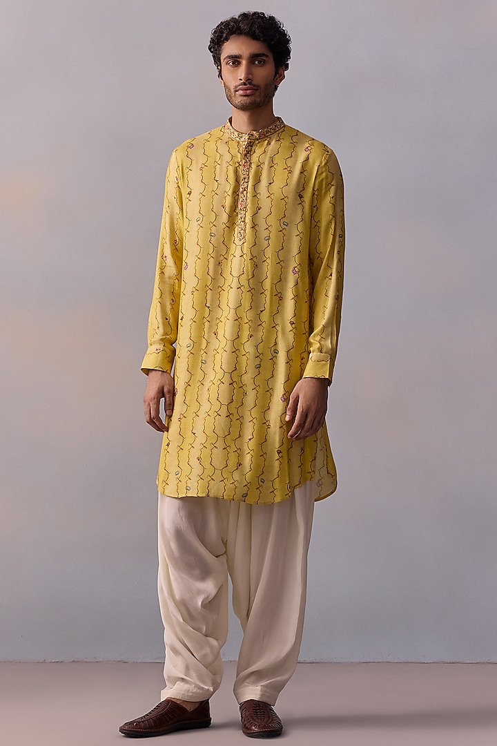 Lemon Yellow Viscose Moss Embroidered Kurta Set by Kalista Men