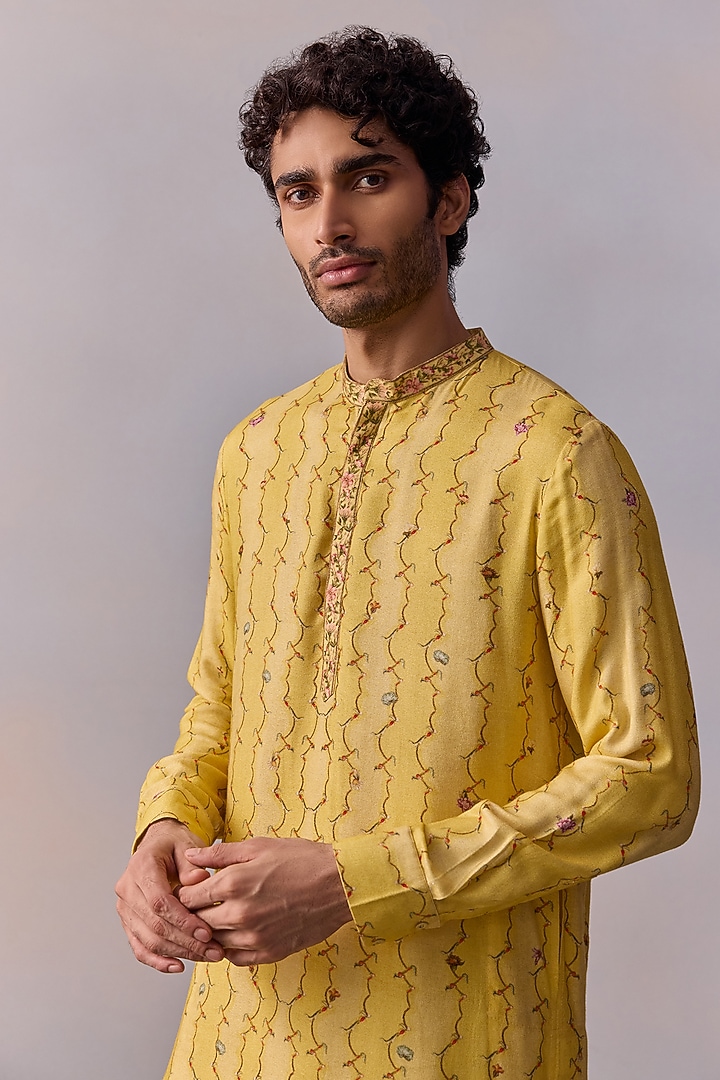 Lemon Yellow Viscose Moss Embroidered Kurta Set by Kalista Men at Pernia's Pop Up Shop