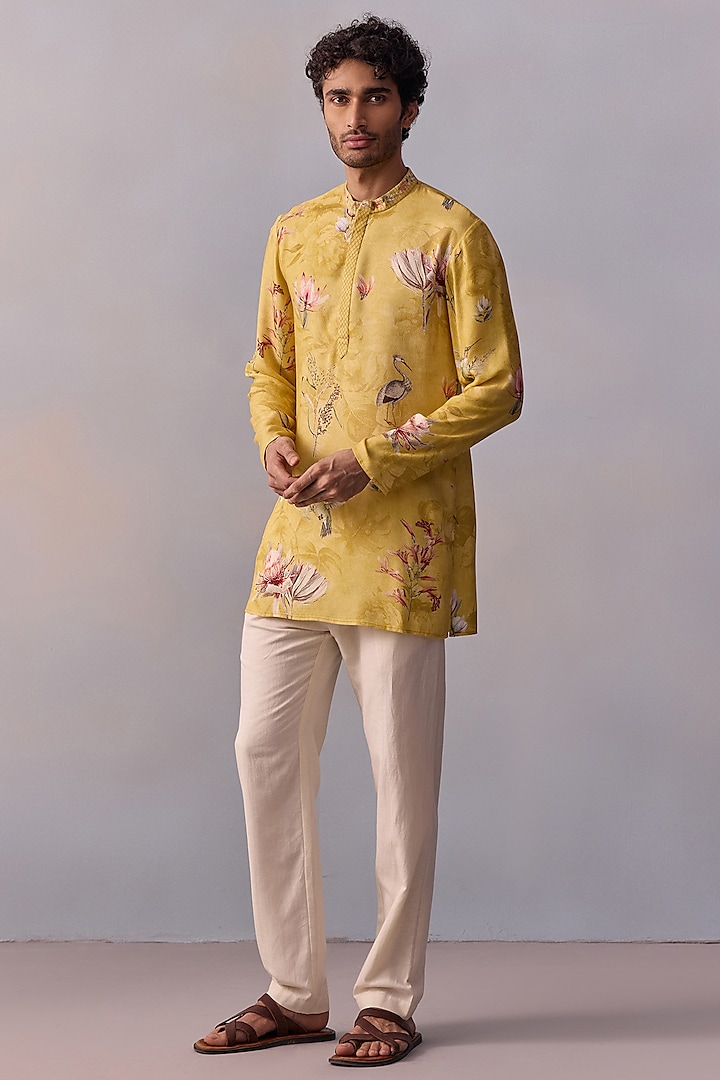 Yellow Viscose Moss Printed & Thread Work Kurta Set by Kalista Men