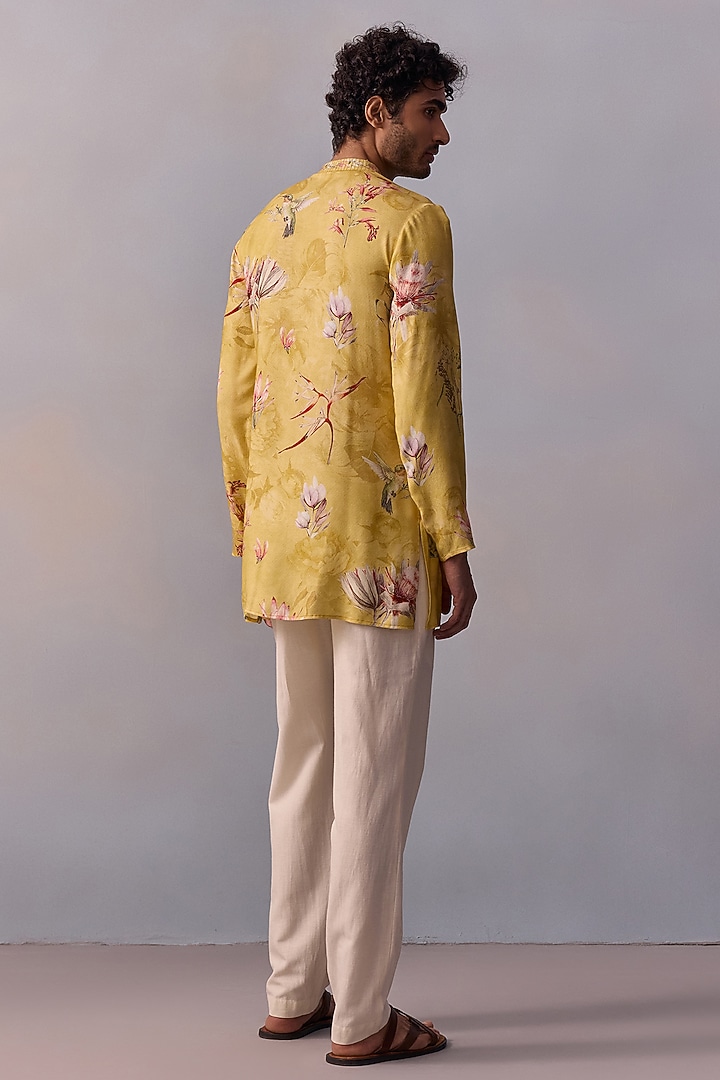 Yellow Viscose Moss Printed & Thread Work Kurta Set by Kalista Men at Pernia's Pop Up Shop