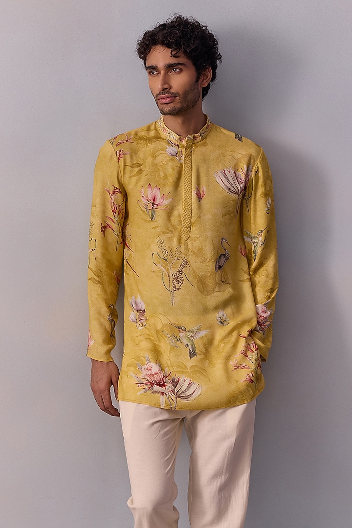 Yellow Viscose Moss Printed & Thread Work Kurta Set by Kalista Men at Pernia's Pop Up Shop