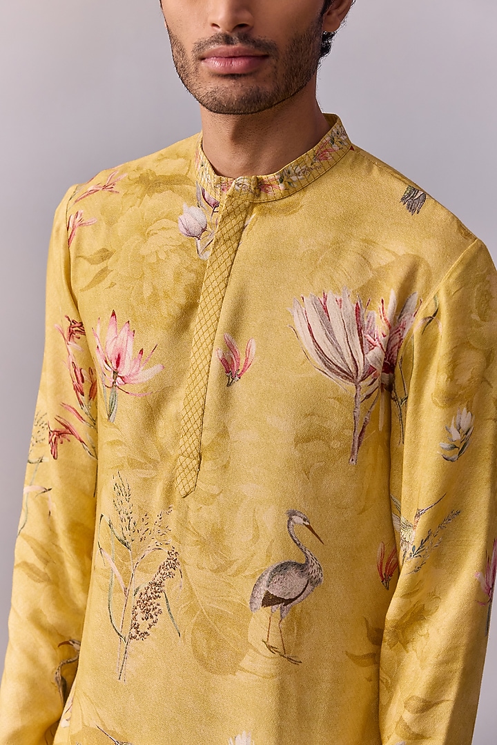 Yellow Viscose Moss Printed & Thread Work Kurta Set by Kalista Men at Pernia's Pop Up Shop