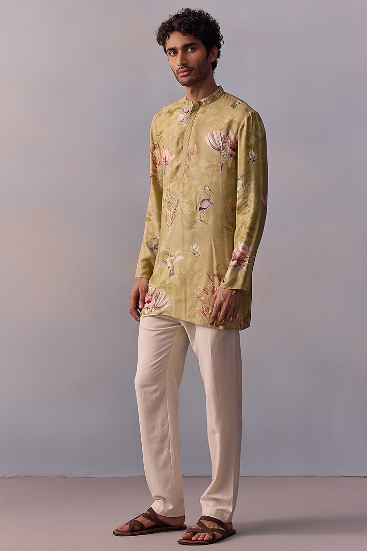 Mint Green Viscose Moss Printed & Thread Work Kurta Set by Kalista Men