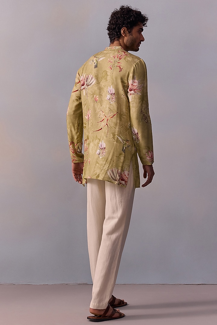 Mint Green Viscose Moss Printed & Thread Work Kurta Set by Kalista Men at Pernia's Pop Up Shop