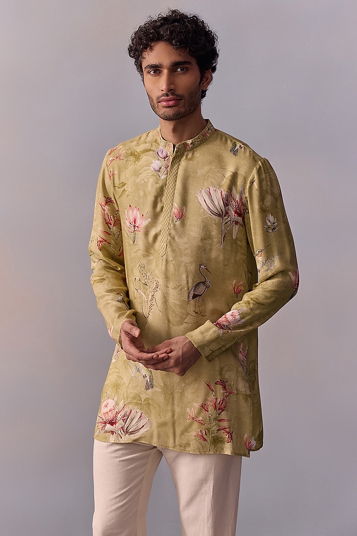 Mint Green Viscose Moss Printed & Thread Work Kurta Set by Kalista Men at Pernia's Pop Up Shop