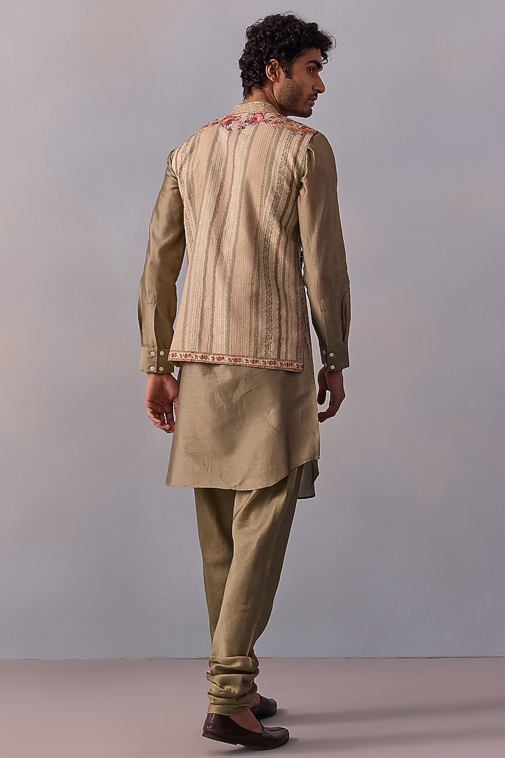 Light Olive Viscose Silk Floral Printed Bundi Jacket Set by Kalista Men at Pernia's Pop Up Shop