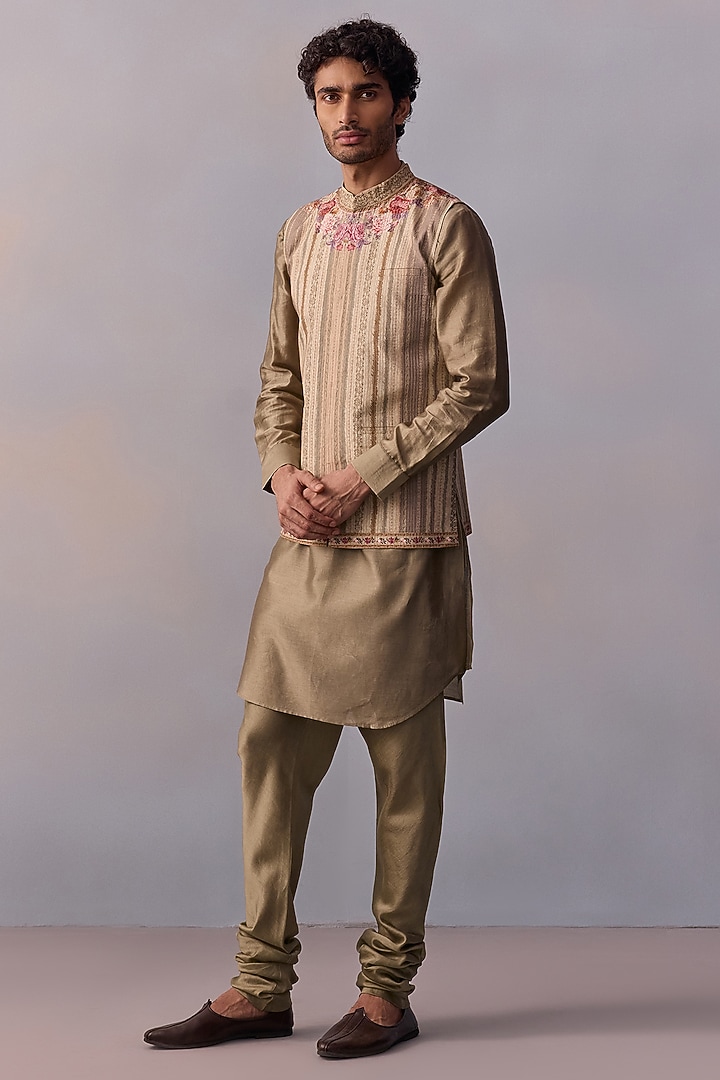 Light Olive Viscose Silk Floral Printed Bundi Jacket Set by Kalista Men at Pernia's Pop Up Shop