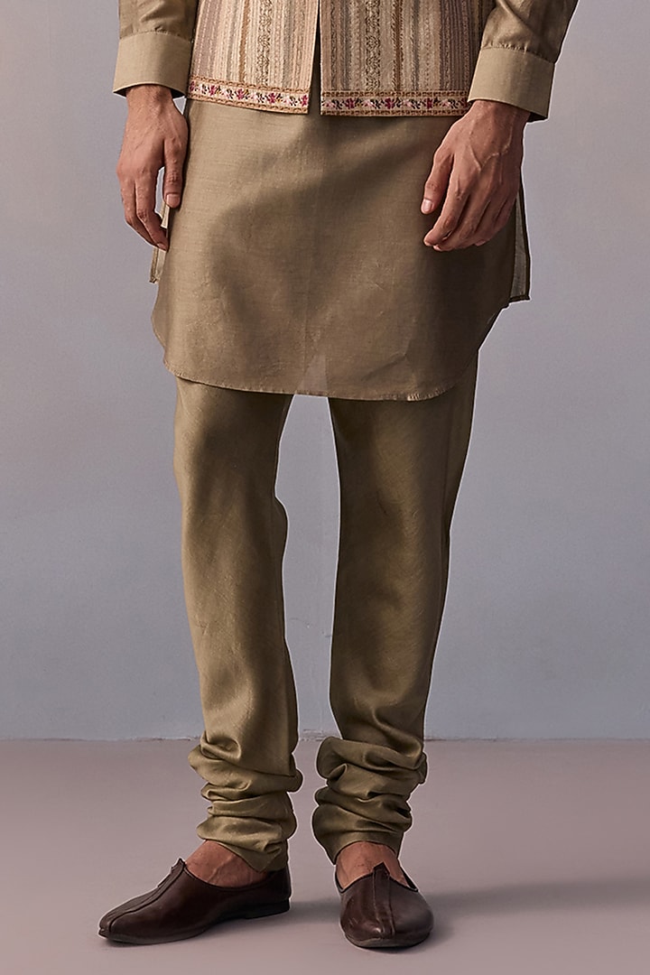 Light Olive Viscose Silk Floral Printed Bundi Jacket Set by Kalista Men at Pernia's Pop Up Shop