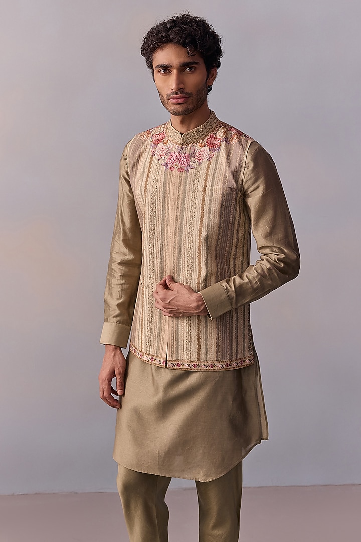 Light Olive Viscose Silk Floral Printed Bundi Jacket Set by Kalista Men at Pernia's Pop Up Shop