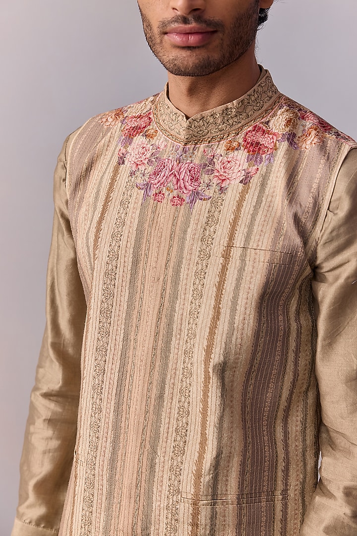 Light Olive Viscose Silk Floral Printed Bundi Jacket Set by Kalista Men at Pernia's Pop Up Shop