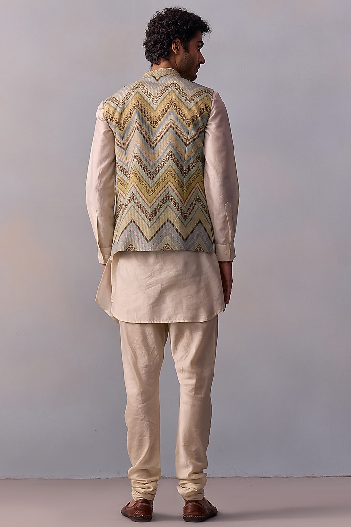 Aqua Green Viscose Silk Printed & Thread Work Bundi Jacket Set by Kalista Men at Pernia's Pop Up Shop