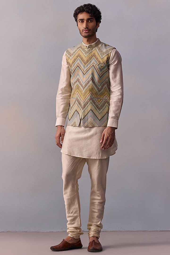 Aqua Green Viscose Silk Printed & Thread Work Bundi Jacket Set by Kalista Men at Pernia's Pop Up Shop