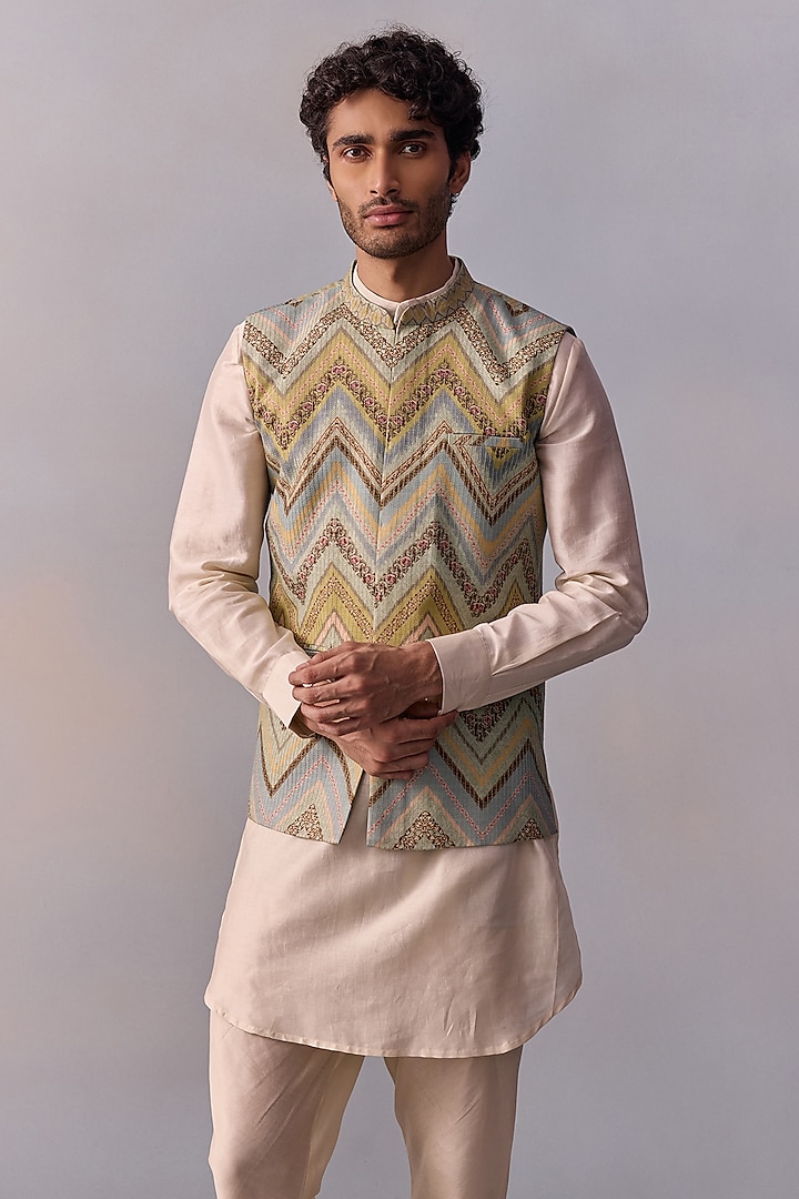 Aqua Green Viscose Silk Printed & Thread Work Bundi Jacket Set by Kalista Men at Pernia's Pop Up Shop