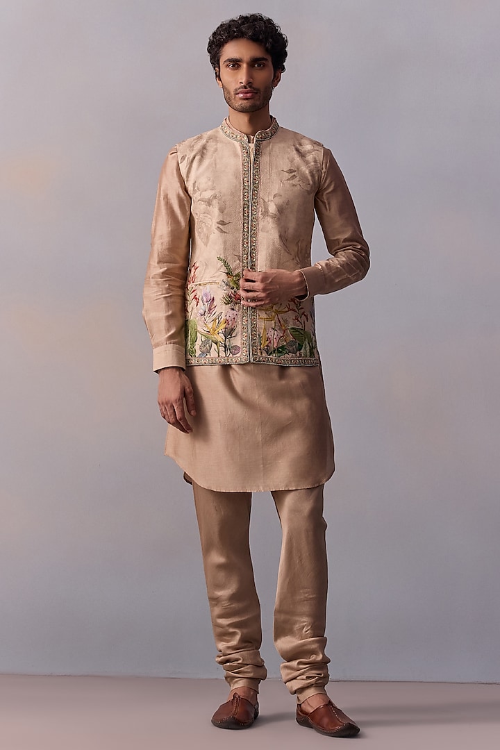 Ivory Viscose Silk Printed Bundi Jacket Set by Kalista Men at Pernia's Pop Up Shop