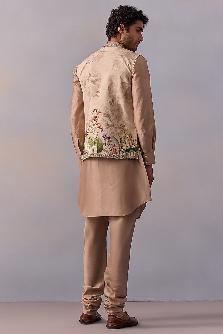 Ivory Viscose Silk Printed Bundi Jacket Set by Kalista Men at Pernia's Pop Up Shop