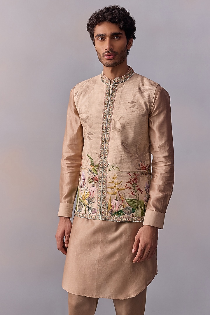 Ivory Viscose Silk Printed Bundi Jacket Set by Kalista Men at Pernia's Pop Up Shop