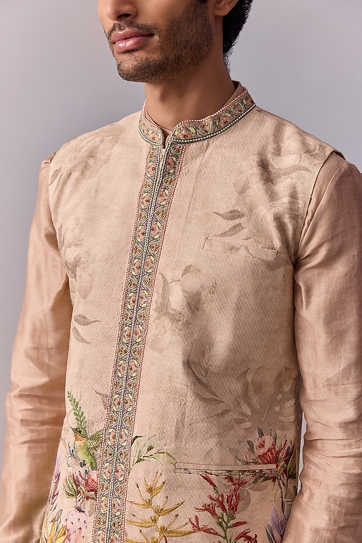Ivory Viscose Silk Printed Bundi Jacket Set by Kalista Men at Pernia's Pop Up Shop