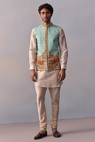 Turquoise Blue Viscose Silk Floral Printed Bundi Jacket Set by Kalista Men