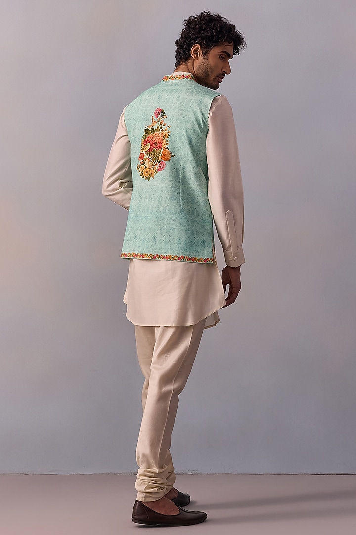 Turquoise Blue Viscose Silk Floral Printed Bundi Jacket Set by Kalista Men at Pernia's Pop Up Shop