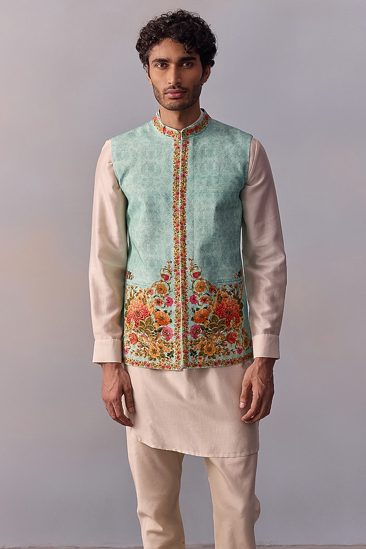 Turquoise Blue Viscose Silk Floral Printed Bundi Jacket Set by Kalista Men at Pernia's Pop Up Shop