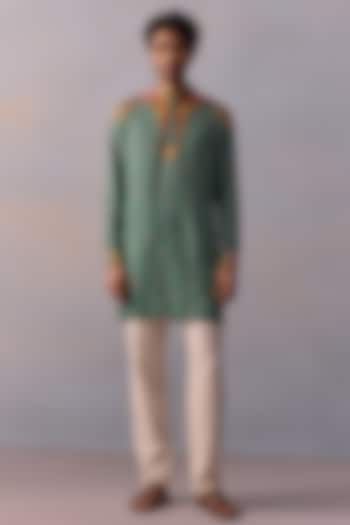 Teal Green Viscose Moss Kurta Set by Kalista Men