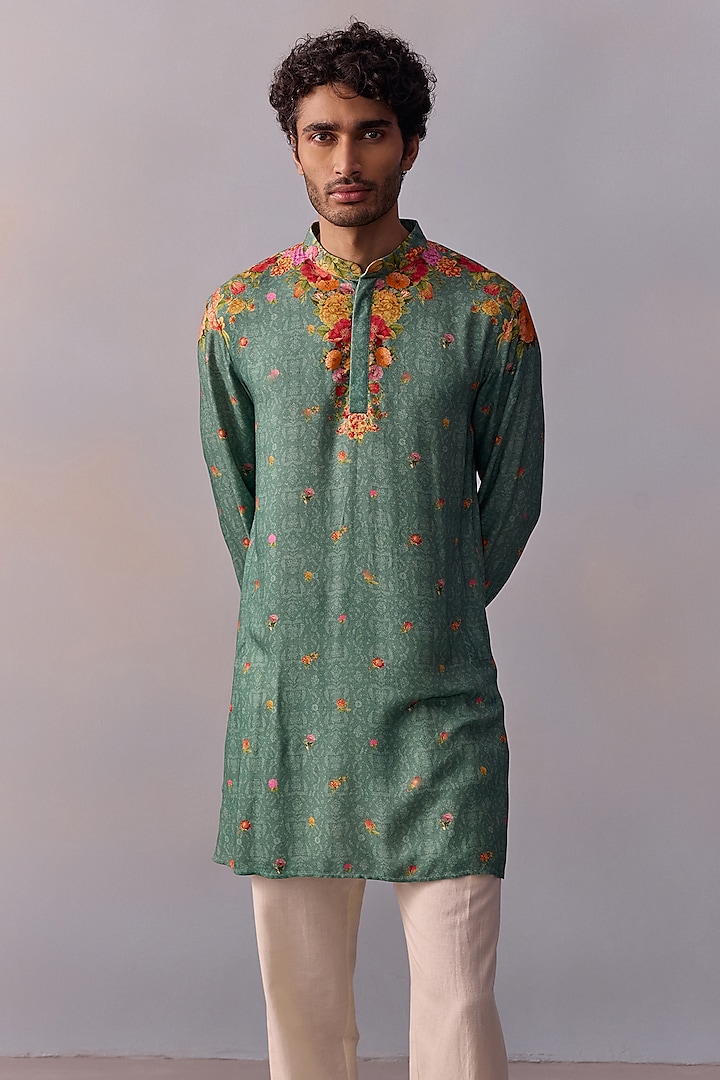 Teal Green Viscose Moss Kurta Set by Kalista Men at Pernia's Pop Up Shop